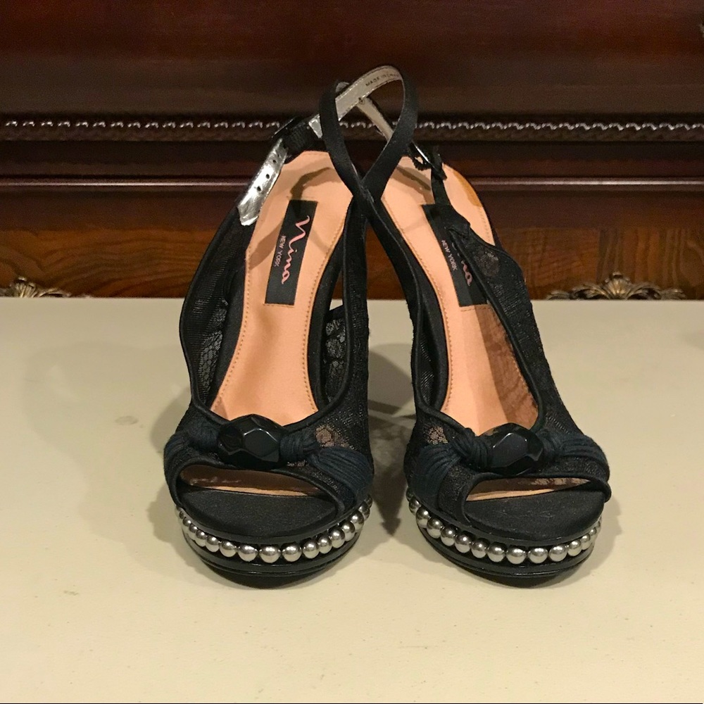 Nina Black Slingback Peep Toe Stiletto Platform Pump Heels size 7